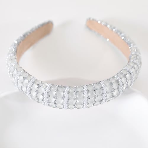 Silver Rhinestone Padded Headband - Crystal Beaded Glitter Hair Accessory