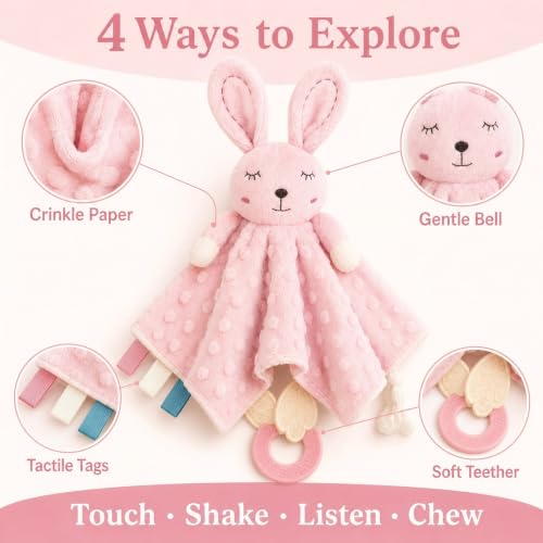 ZIGJOY Pink Bunny Security Blanket for Baby Girls - 4-in-1 Sensory Lovey