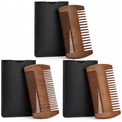 Boao 3-Piece Sandalwood Beard Comb Set – Brown (With Faux Leather Cases)