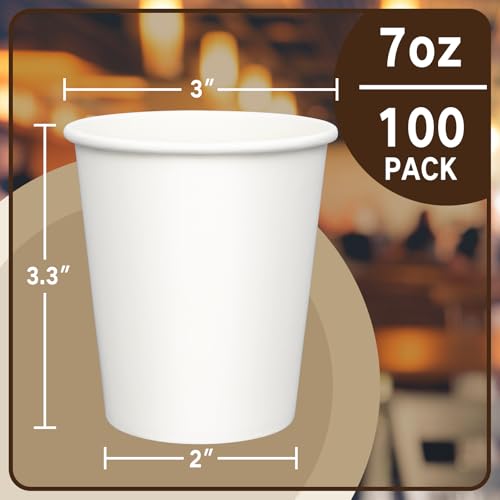 7 oz Disposable Paper Coffee Cups - 100 Pack, Leak-Proof & Sturdy