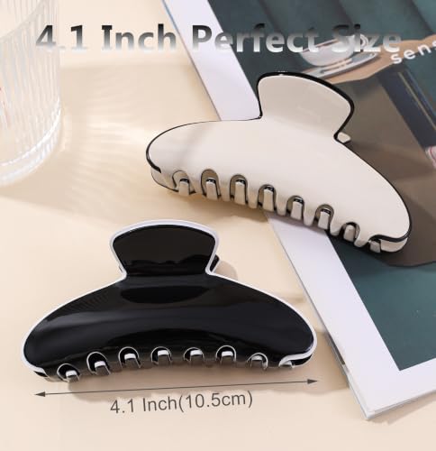Eyegla 2 Pack Large Acetate Hair Claw Clips for Women - White-Black Contrast, 4 Inch