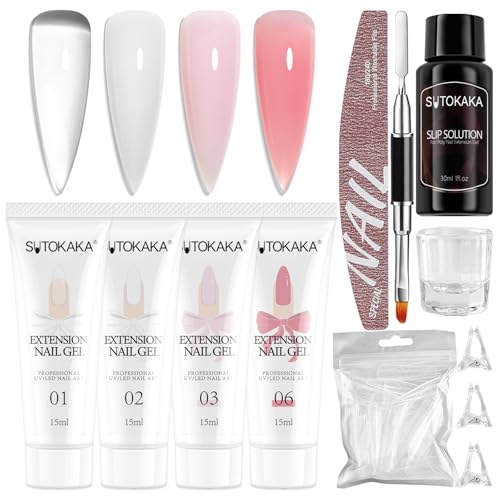 SUTOKAKA Poly Gel Nail Starter Kit 4 Colors Clear White Pink with Dual Forms & Tools