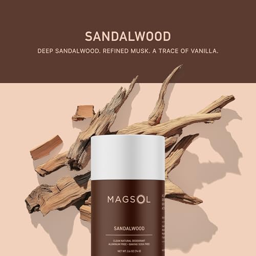 MagSol Magnesium Deodorant for Men Sandalwood, Aluminum & Baking Soda Free, Long-Lasting Natural Odor Protection, 2.6 oz