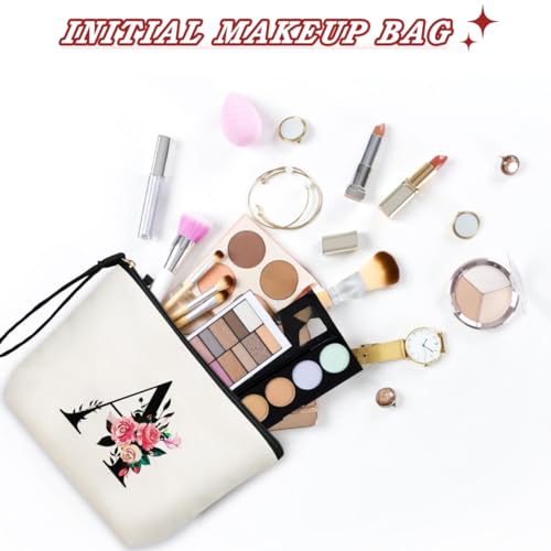 Personalized Floral Initial Makeup Bag for Women - Travel Cosmetic Pouch, White
