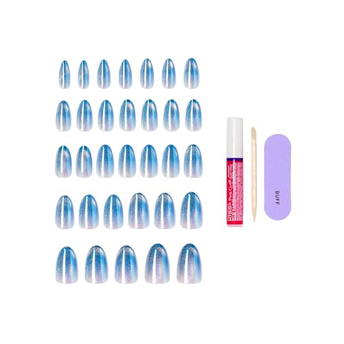 KISS Glam Press On Nails - Glow Forever, Almond Shape, Blue, 32 Nails & Glue Included