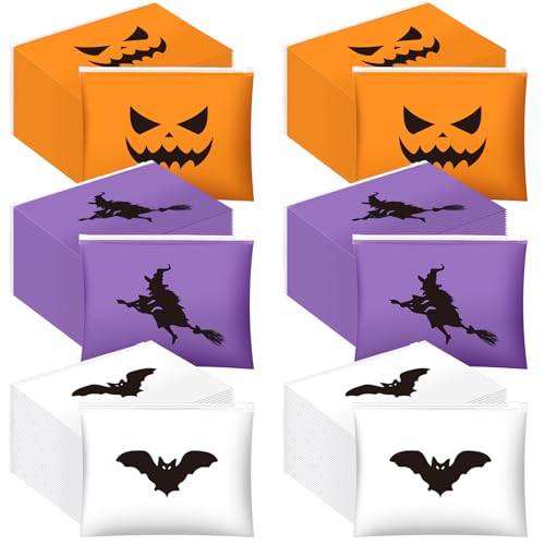 Halloween Treat Bags Bulk Set - 150 Waterproof Zipper Pouches with Witch, Bat, Pumpkin Designs