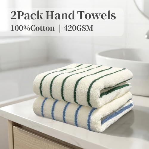 VOOVA & MOVAS 100% Cotton Kitchen Towels - 2 Pack, 14x28 in, Ultra Absorbent Blue & Green Stripes