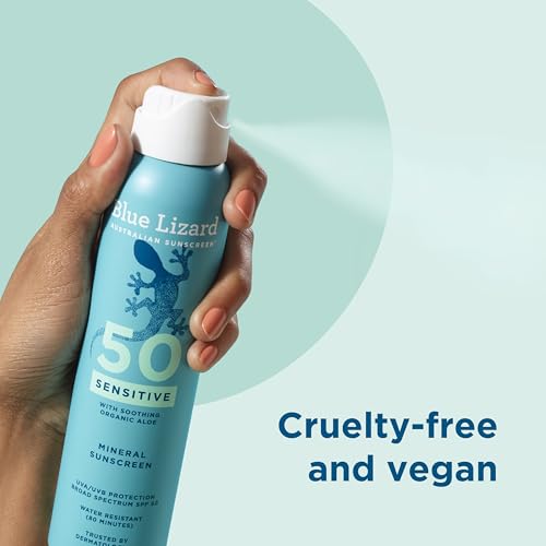 Blue Lizard Sensitive Mineral SPF 50 Spray, Dermatologist-Recommended Brand, Broad-Spectrum UVA/UVB Protection, Water-Resistant, Zinc Oxide Formula, 5 oz