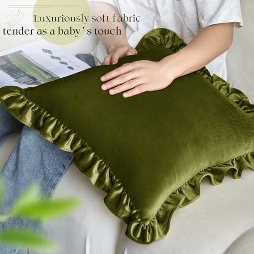 Olive Green Velvet Throw Pillow Covers, 18x18 Inch Set of 2