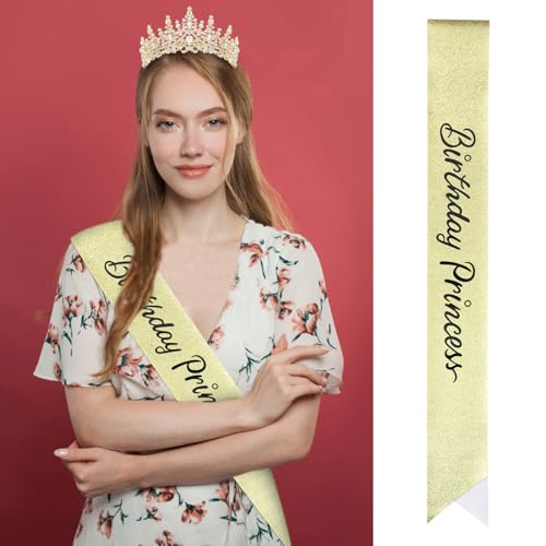 Gold Princess Crown and Glitter Sash for Birthday Party Decorations - Women & Kids