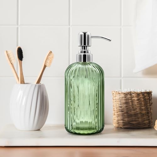 18 Oz Glass Soap Dispenser with Stainless Steel Pump - Modern Ribbed Design