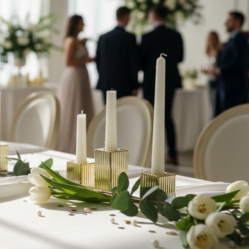 LETINE 12pcs Gold Vertical Stripe Glass Candle Holders Set