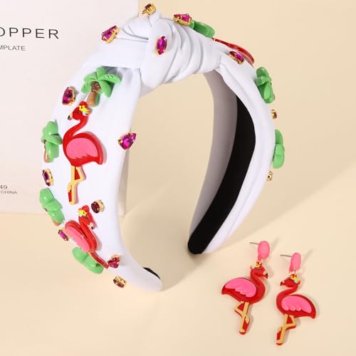 Flamingo Jeweled Boho Wide Top Knot Headband for Women