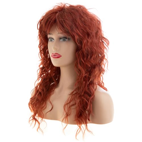 Baruisi Long Curly Wavy Orange Wig with Bangs - Synthetic Heat Resistant