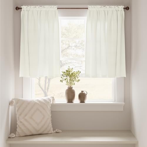 Faux Linen Kitchen Curtains - 36 Inch Farmhouse Tier Drapes, White (2 Panels)