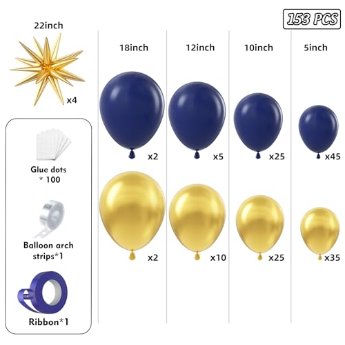 Navy Blue & Gold Balloon Arch Garland Kit - 153pcs for Parties