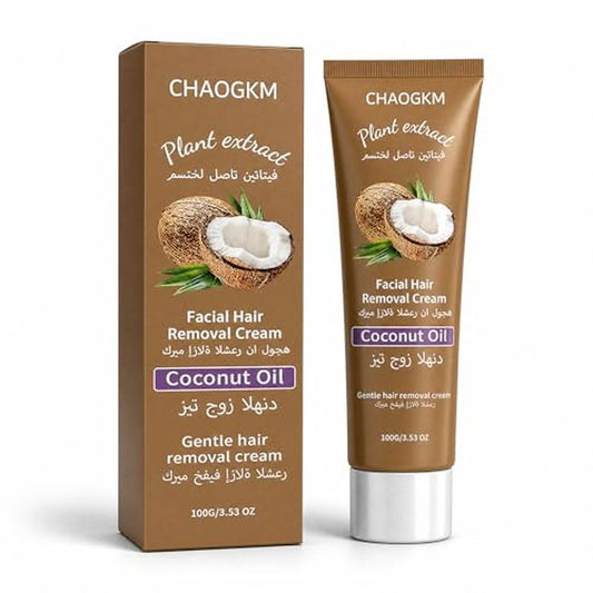 Coconut Oil Hair Removal Cream, Facial Hair Removal for Women - Infused with Coconut Oil for Gentle Hair Removal, Suitable for All Skin Types, Leaves Skin Clear & Pure, 3.53 OZ