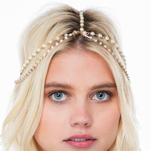 Boho Pearl and Crystal Head Chain - Gold Rhinestone Hair Jewelry