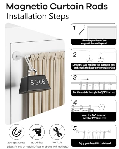Adjustable Magnetic Curtain Rod for Metal Doors - 18 to 30 Inch