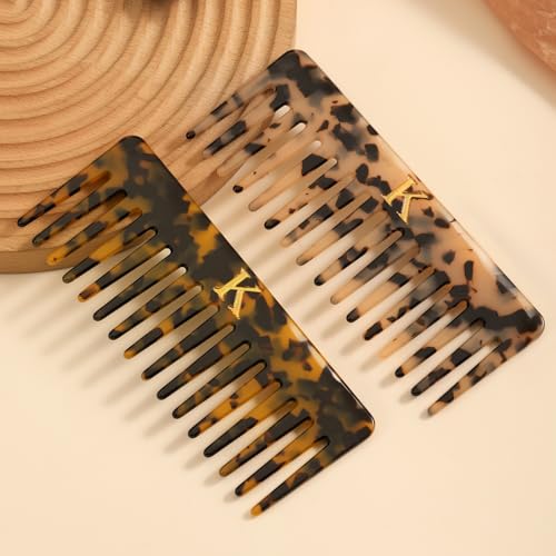 Auseibeely 2 Pack Large Wide Tooth Hair Comb with Initial K - Tortoise Cellulose Acetate, Detangler for Thick Curly Wet & Dry Hair