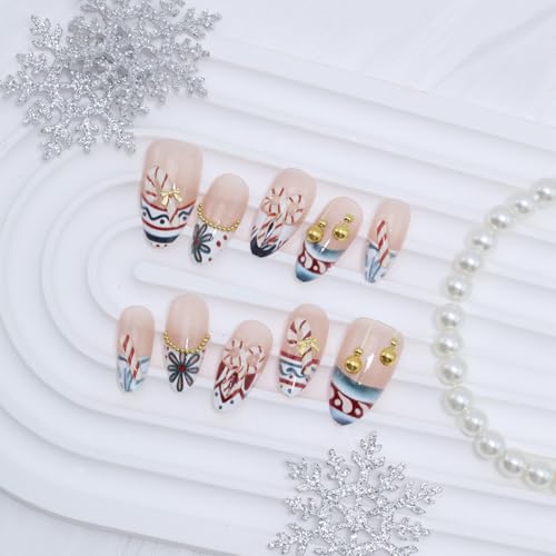 KRTBKR 24Pcs Christmas Press On Nails Medium Almond Fake Nails with 3D Candy Cane Design and Gold Beads