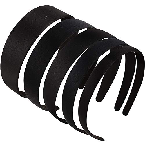 Black Satin Headbands for Women - 5 Sizes Non-Slip Elastic Hairbands for DIY Crafts & Daily Wear