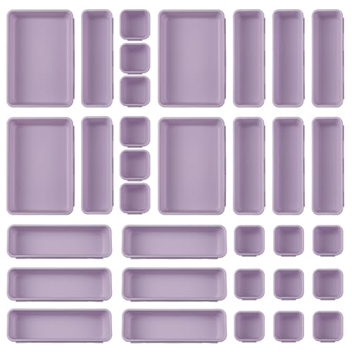 32-Piece Drawer Organizer Set for Office & Vanity, Multi-Size Storage Trays with Non-Slip Pads, Purple