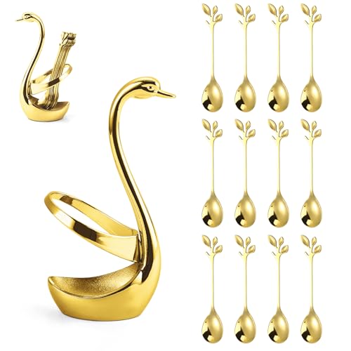 Gold Stainless Steel Swan Dinnerware Set with 12 Leaf Spoons