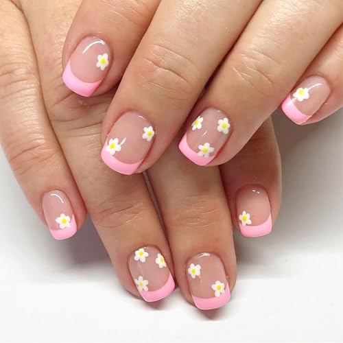 Pink French Tip Press-On Nails with Flower Design - 24 Pcs