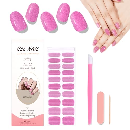 WOKOTO KIT5 Shiny Pink Cat Eye Semi Cured Gel Nail Strips Full Wraps for Women