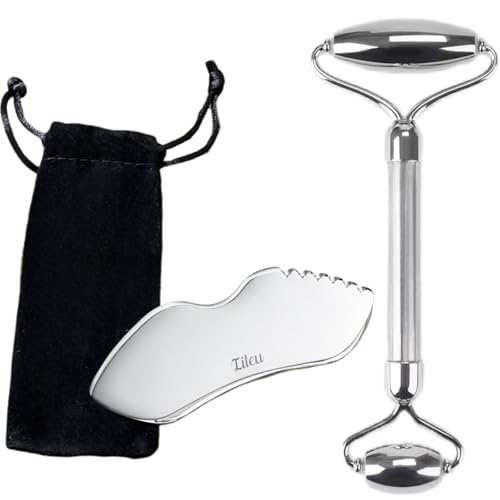 Tileu Stainless Steel Face Roller & Gua Sha Tool Set - Anti-Aging