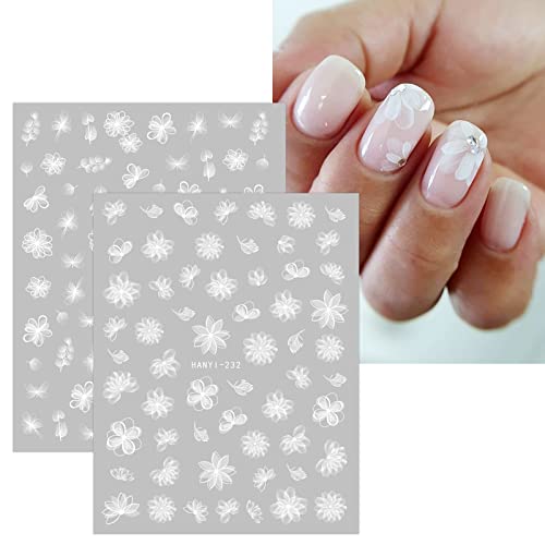 JMEOWIO 12 Sheets White Flower Nail Art Stickers - Self-Adhesive Designs for DIY Nail Art