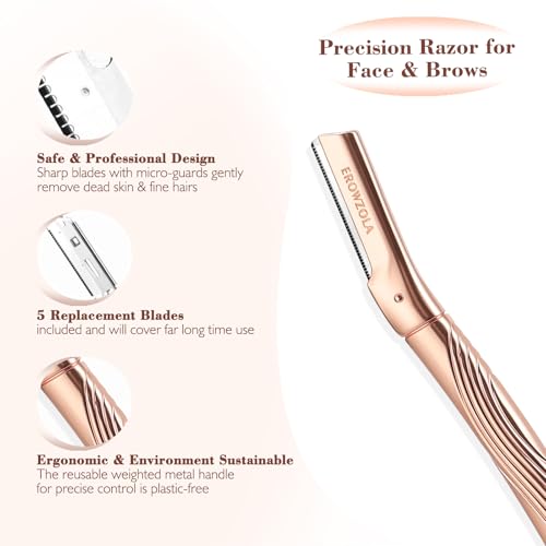 Eyebrow Razor, Face Razors for Women and Men, Reusable Metal Handle with 6 Refill Blades, Eyebrow Trimmer with Precision Cover, Dermaplane Razor, Skin Care Tool - Rose Gold