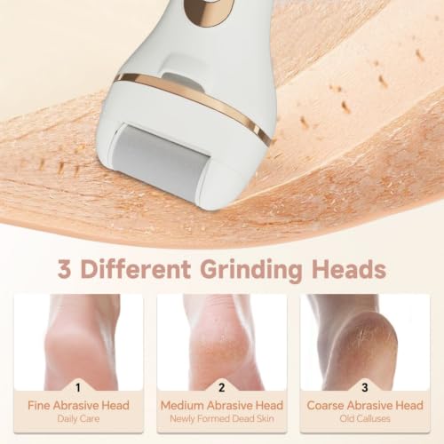SilkGlow White Electric Foot Callus Remover Kit with 3 Replacement Rollers - Rechargeable Waterproof Pedicure Tool