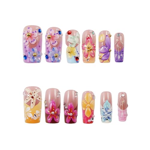 Medium Almond Press on Nails ZF305 - Handmade Floral Designs with Rhinestones & Pearls, 24 Pcs Reusable Kit