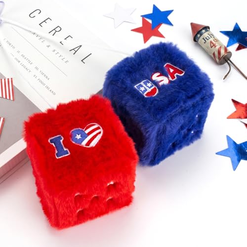 4th of July Fuzzy Dice for Car Mirror - Patriotic Plush Decor