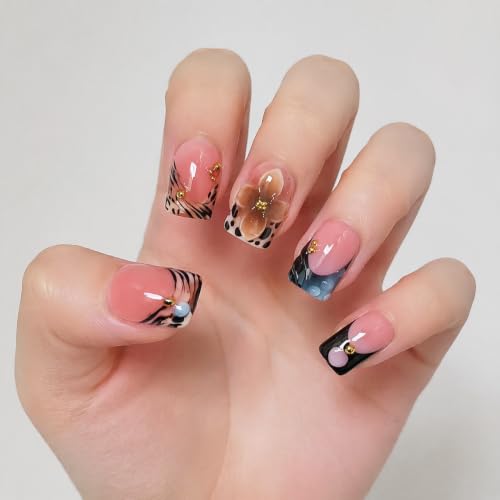 D-387-8 S: 10pcs Flower Leopard French Tip Press On Nails – Short Square Acrylic
