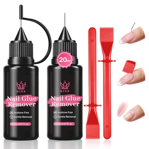 QIEK 20ml Nail Glue Remover 2 Pack with Precision Removal Tools - Gentle & Fast Dissolving