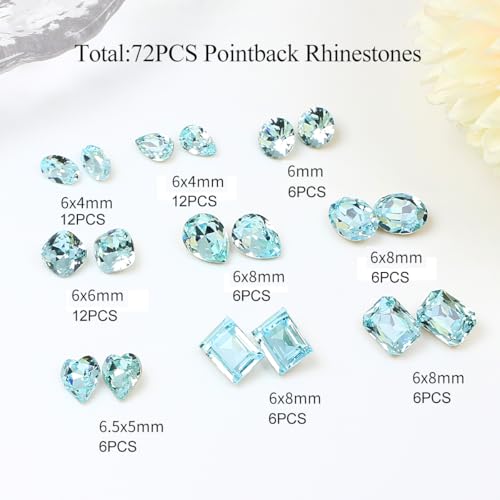 DONGZHOU 72pcs Mix Shape Aquamarine Glass Nail Rhinestones for DIY Nail Art & Crafts