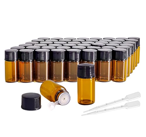 AGENIZ 3ML Amber Essential Oil Sample Bottles Set with Black Screw Caps - 50 Pack