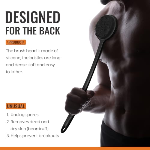 Silicone Back Scrubber for Shower, 17in Lengthen Long Handle Body Brush, Double Sided Shower Brush for Shower Exfoliating and Massage Can Produce Rich Foam, Long Handle Back Scrubber for Men