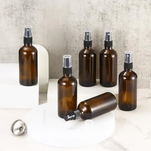 3.4 oz Amber Glass Spray Bottles - 6 Pack Refillable Fine Mist Containers