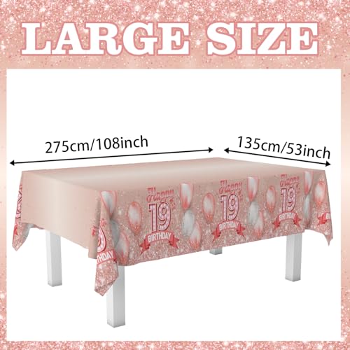 Pink Glitter Happy 19th Birthday Tablecloth - 53 x 108 in