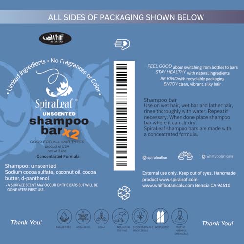 Spiraleaf Unscented Solid Shampoo Bars - 2 Pack, Plastic-Free Haircare