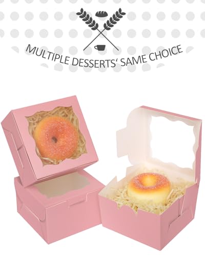 qiqee Pink Bakery Box with Window, 30 Pack - 4x4x2.5 Inch Macaron & Donut Boxes