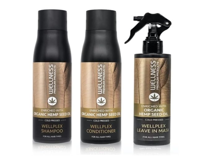 Wellness Premium Wellplex Hair Repair Bundle - Hemp-Infused Shampoo, Conditioner & Leave-In Mask | Vegan, Color-Safe Formula for Damaged Hair | 3-Piece Set