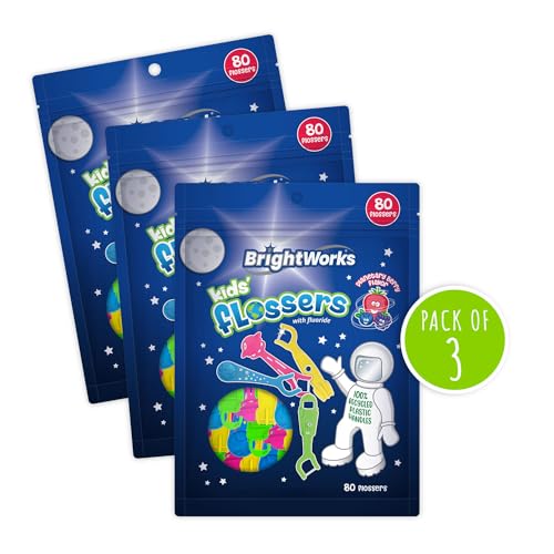 BrightWorks Kids Space Floss Picks, Blue - 240ct Fluoride Fun