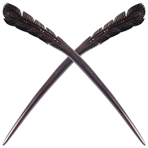 Handmade Ebony Wood Hair Sticks - Phoenix Feather Design (2 Count, 7")