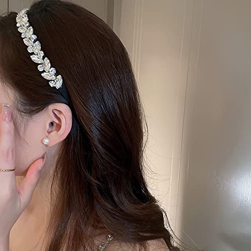 Rhinestone Flower Leaf Headband - Non-Slip Silver Glitter Hair Accessory