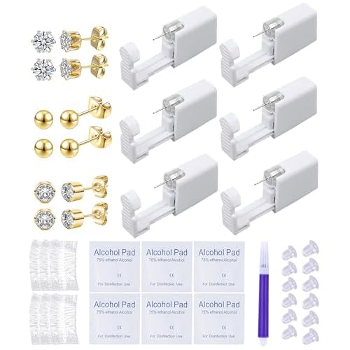 VitaCool Ear Piercing Kit Disposable Ear Cartilage Piercing Gun Kit with Sterile CZ Studs Easy and Safe Earring Self for Yourself Use at Home(Gold Mixed Patterns 3mm)